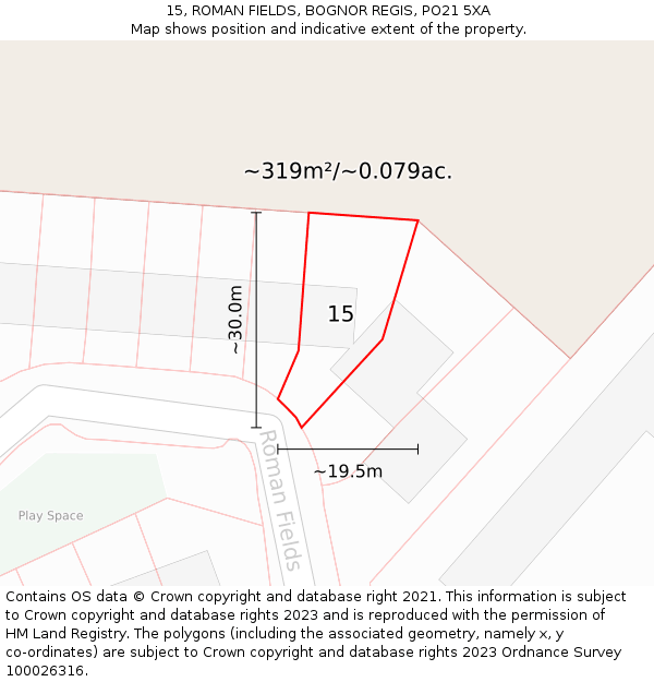 15, ROMAN FIELDS, BOGNOR REGIS, PO21 5XA: Plot and title map