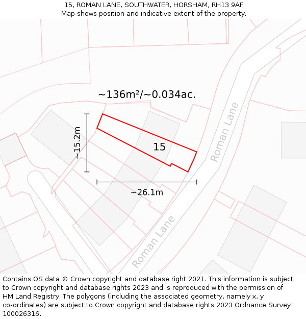 15, ROMAN LANE, SOUTHWATER, HORSHAM, RH13 9AF: Plot and title map