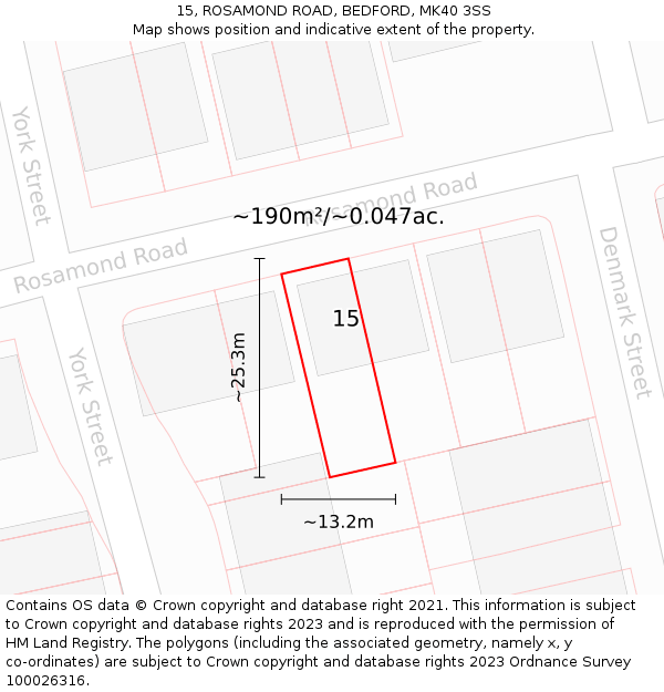 15, ROSAMOND ROAD, BEDFORD, MK40 3SS: Plot and title map