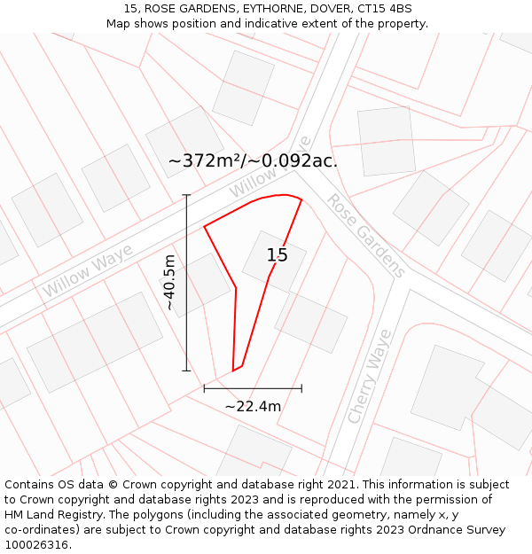 15, ROSE GARDENS, EYTHORNE, DOVER, CT15 4BS: Plot and title map