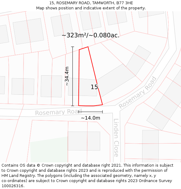 15, ROSEMARY ROAD, TAMWORTH, B77 3HE: Plot and title map