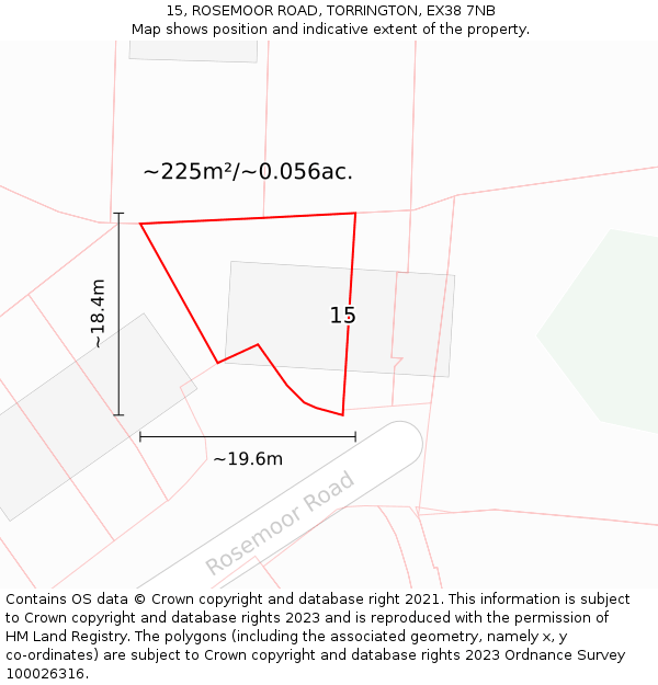 15, ROSEMOOR ROAD, TORRINGTON, EX38 7NB: Plot and title map