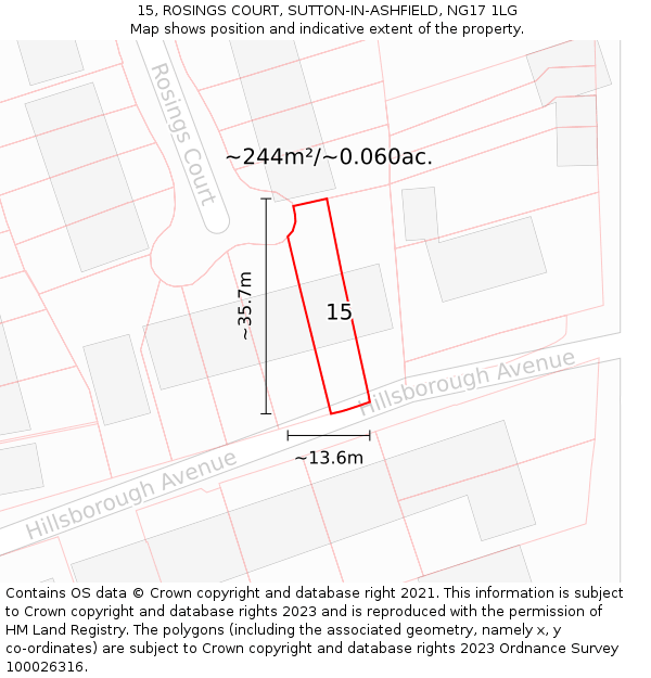 15, ROSINGS COURT, SUTTON-IN-ASHFIELD, NG17 1LG: Plot and title map