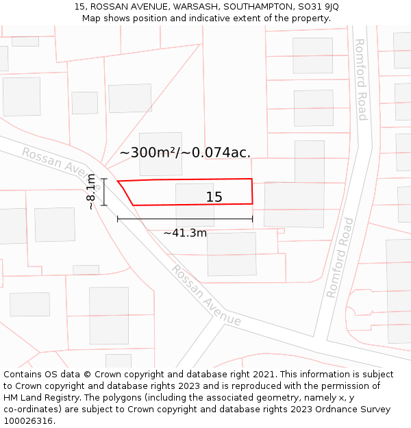 15, ROSSAN AVENUE, WARSASH, SOUTHAMPTON, SO31 9JQ: Plot and title map