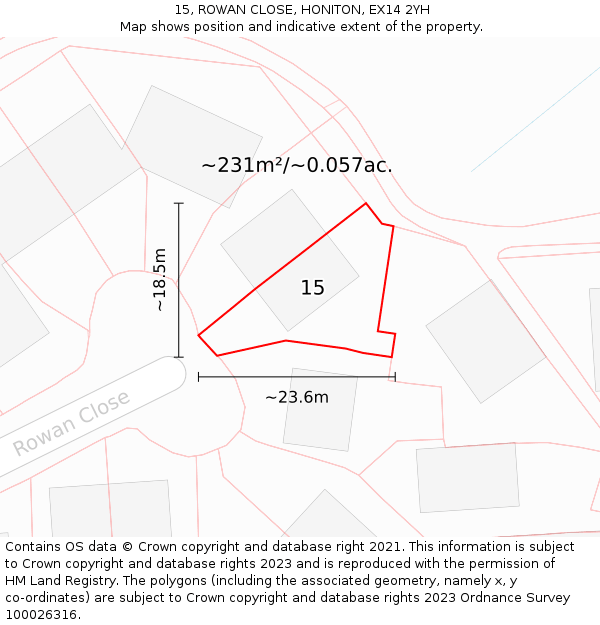 15, ROWAN CLOSE, HONITON, EX14 2YH: Plot and title map