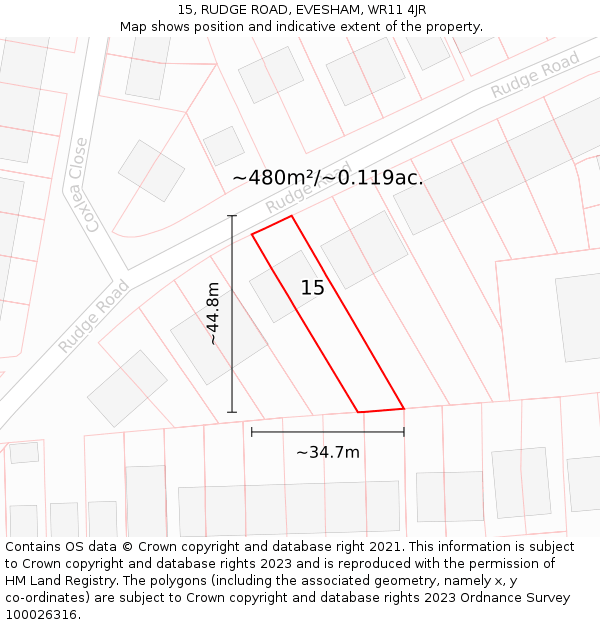 15, RUDGE ROAD, EVESHAM, WR11 4JR: Plot and title map