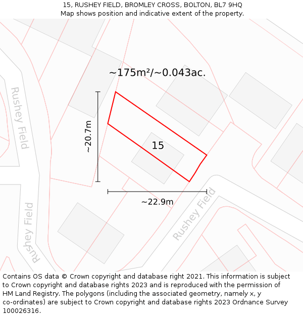 15, RUSHEY FIELD, BROMLEY CROSS, BOLTON, BL7 9HQ: Plot and title map