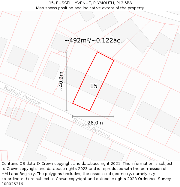 15, RUSSELL AVENUE, PLYMOUTH, PL3 5RA: Plot and title map