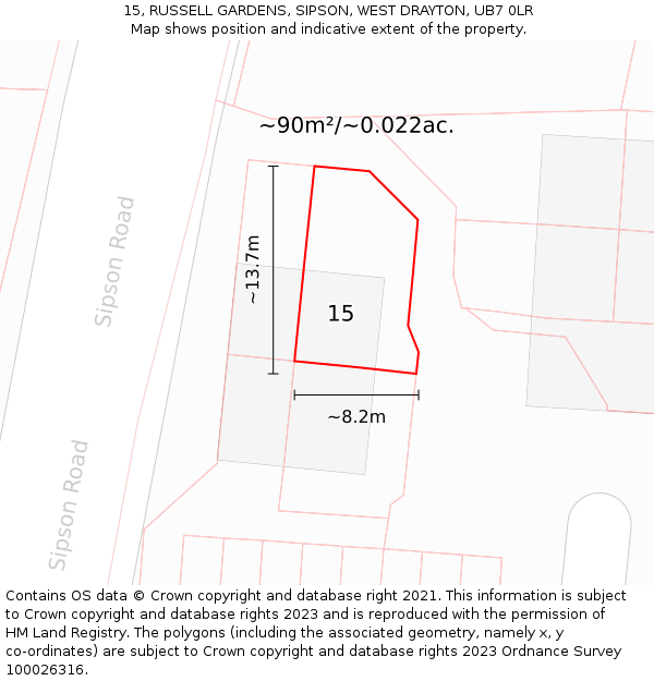 15, RUSSELL GARDENS, SIPSON, WEST DRAYTON, UB7 0LR: Plot and title map