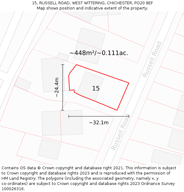 15, RUSSELL ROAD, WEST WITTERING, CHICHESTER, PO20 8EF: Plot and title map