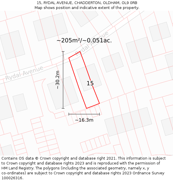 15, RYDAL AVENUE, CHADDERTON, OLDHAM, OL9 0RB: Plot and title map