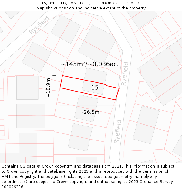 15, RYEFIELD, LANGTOFT, PETERBOROUGH, PE6 9RE: Plot and title map