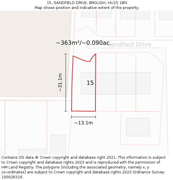 15, SANDFIELD DRIVE, BROUGH, HU15 1BN: Plot and title map