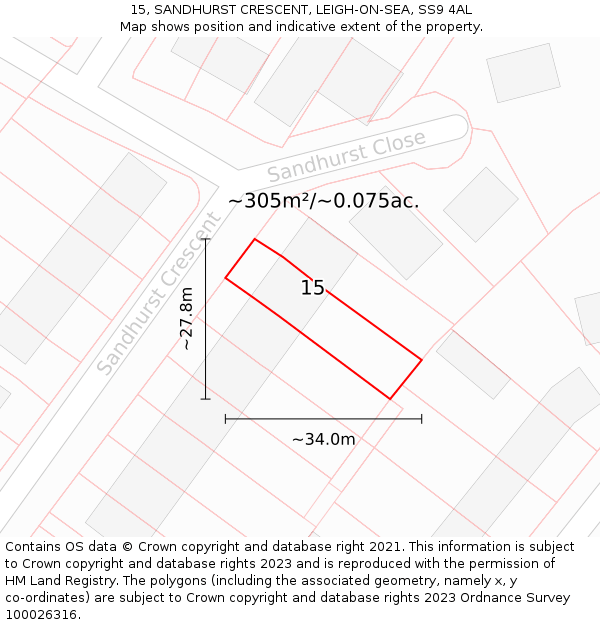 15, SANDHURST CRESCENT, LEIGH-ON-SEA, SS9 4AL: Plot and title map