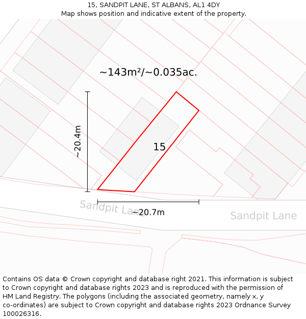 15, SANDPIT LANE, ST ALBANS, AL1 4DY: Plot and title map