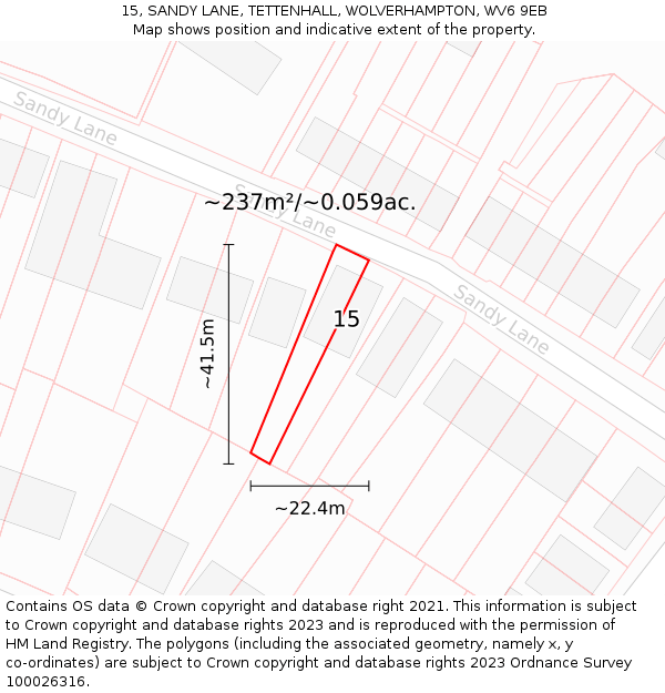 15, SANDY LANE, TETTENHALL, WOLVERHAMPTON, WV6 9EB: Plot and title map