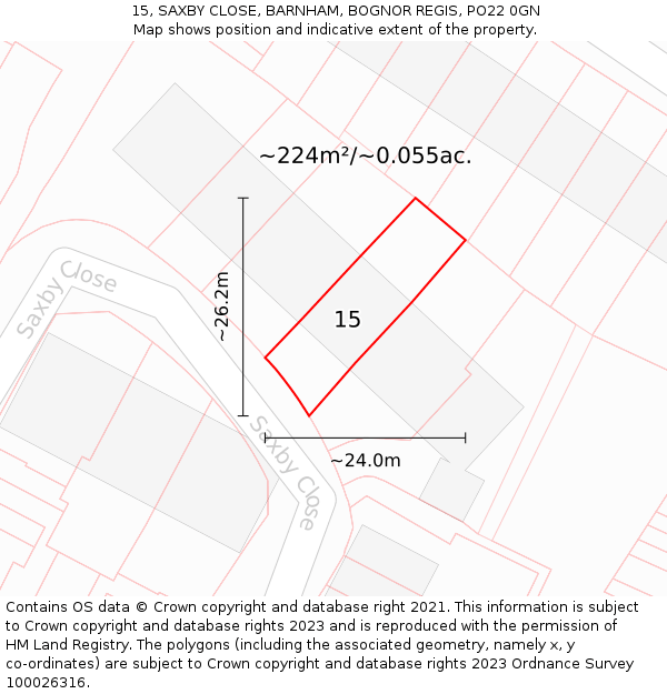 15, SAXBY CLOSE, BARNHAM, BOGNOR REGIS, PO22 0GN: Plot and title map