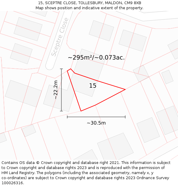 15, SCEPTRE CLOSE, TOLLESBURY, MALDON, CM9 8XB: Plot and title map