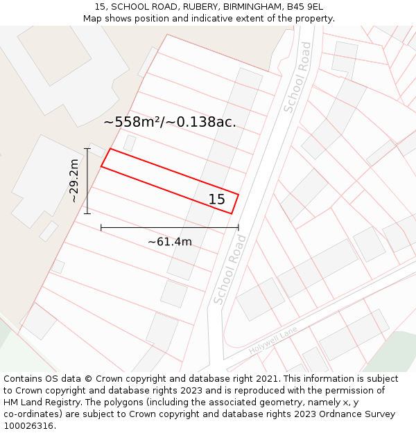 15, SCHOOL ROAD, RUBERY, BIRMINGHAM, B45 9EL: Plot and title map