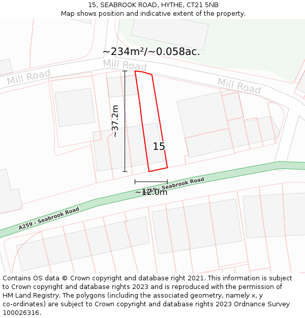 15, SEABROOK ROAD, HYTHE, CT21 5NB: Plot and title map