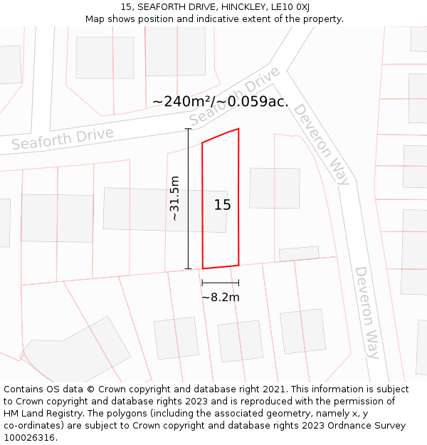 15, SEAFORTH DRIVE, HINCKLEY, LE10 0XJ: Plot and title map