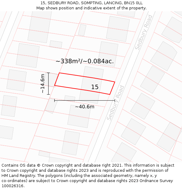 15, SEDBURY ROAD, SOMPTING, LANCING, BN15 0LL: Plot and title map