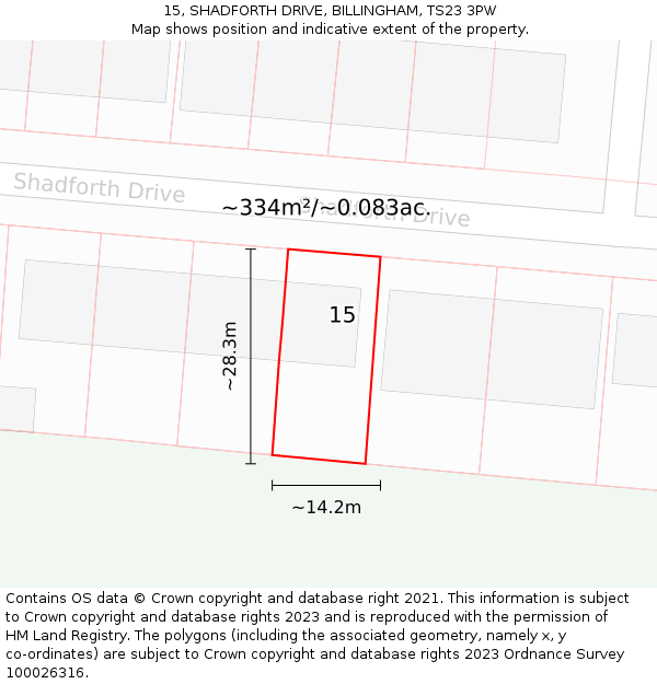 15, SHADFORTH DRIVE, BILLINGHAM, TS23 3PW: Plot and title map