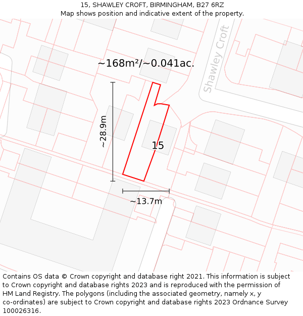 15, SHAWLEY CROFT, BIRMINGHAM, B27 6RZ: Plot and title map