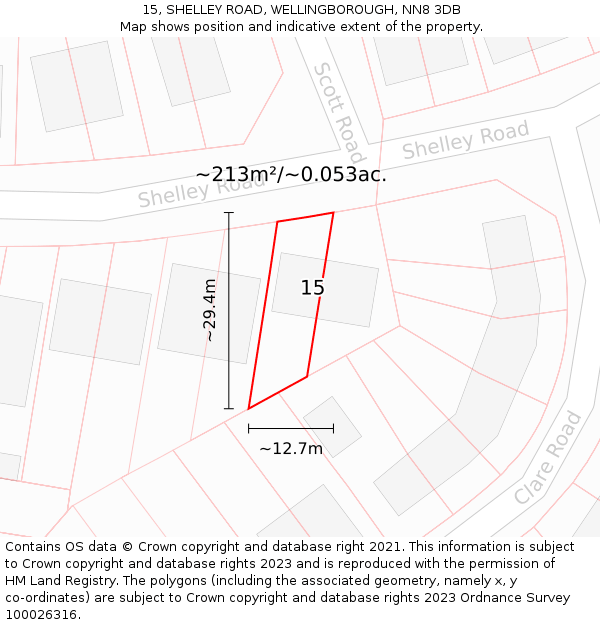 15, SHELLEY ROAD, WELLINGBOROUGH, NN8 3DB: Plot and title map