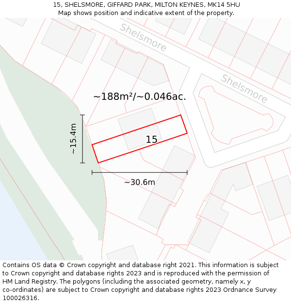 15, SHELSMORE, GIFFARD PARK, MILTON KEYNES, MK14 5HU: Plot and title map