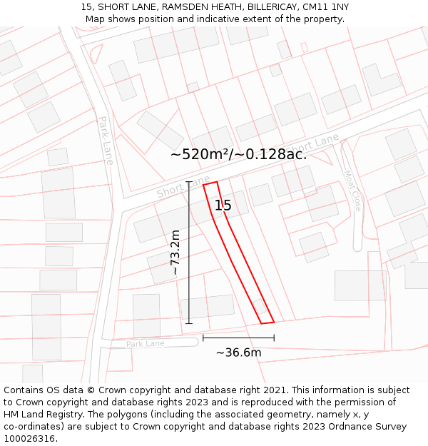 15, SHORT LANE, RAMSDEN HEATH, BILLERICAY, CM11 1NY: Plot and title map