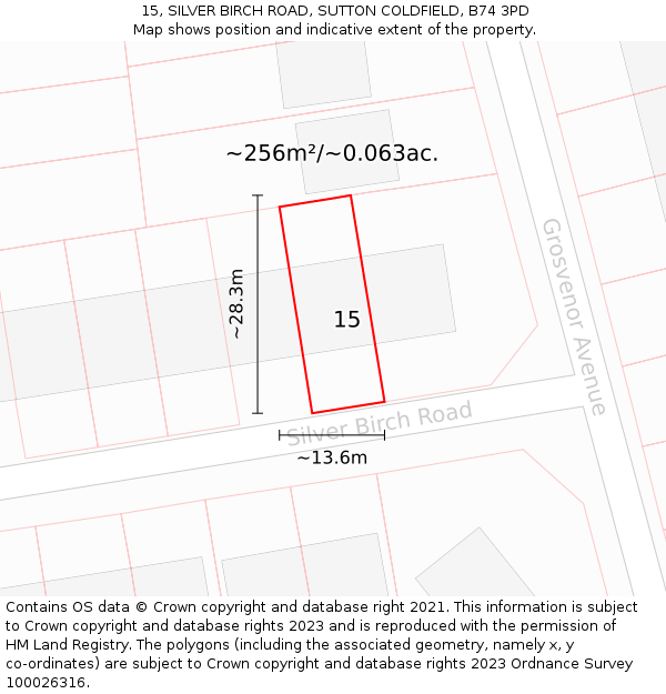 15, SILVER BIRCH ROAD, SUTTON COLDFIELD, B74 3PD: Plot and title map