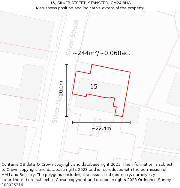 15, SILVER STREET, STANSTED, CM24 8HA: Plot and title map