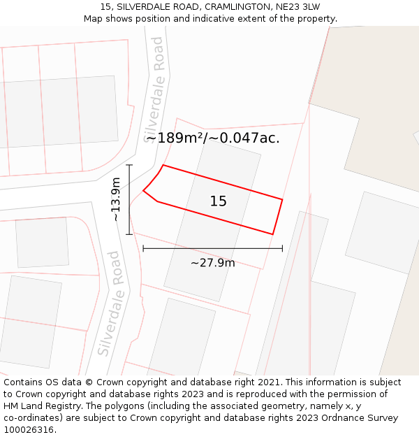 15, SILVERDALE ROAD, CRAMLINGTON, NE23 3LW: Plot and title map