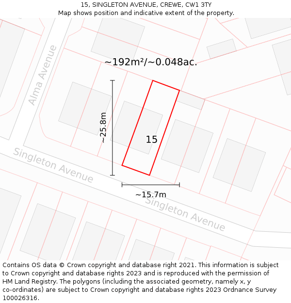 15, SINGLETON AVENUE, CREWE, CW1 3TY: Plot and title map