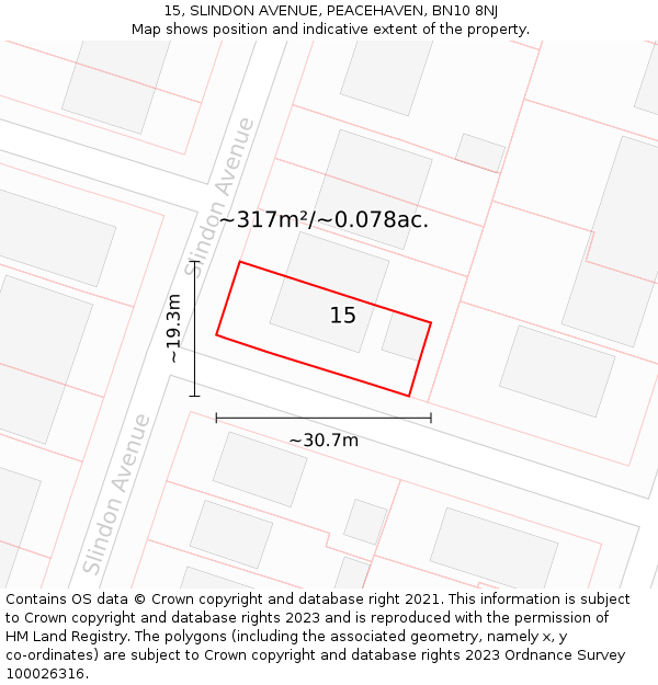 15, SLINDON AVENUE, PEACEHAVEN, BN10 8NJ: Plot and title map