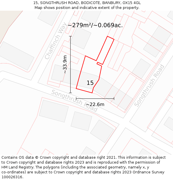 15, SONGTHRUSH ROAD, BODICOTE, BANBURY, OX15 4GL: Plot and title map