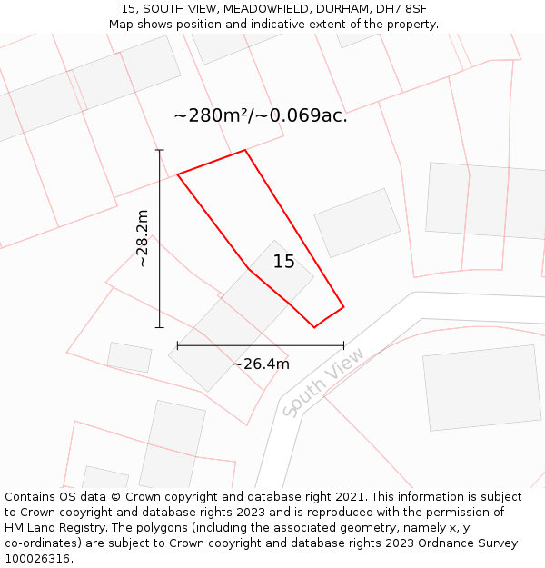 15, SOUTH VIEW, MEADOWFIELD, DURHAM, DH7 8SF: Plot and title map