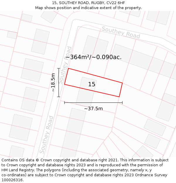 15, SOUTHEY ROAD, RUGBY, CV22 6HF: Plot and title map