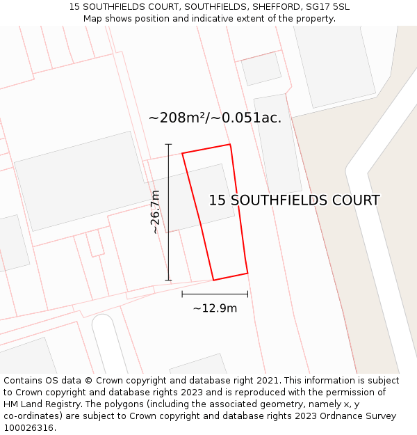 15 SOUTHFIELDS COURT, SOUTHFIELDS, SHEFFORD, SG17 5SL: Plot and title map