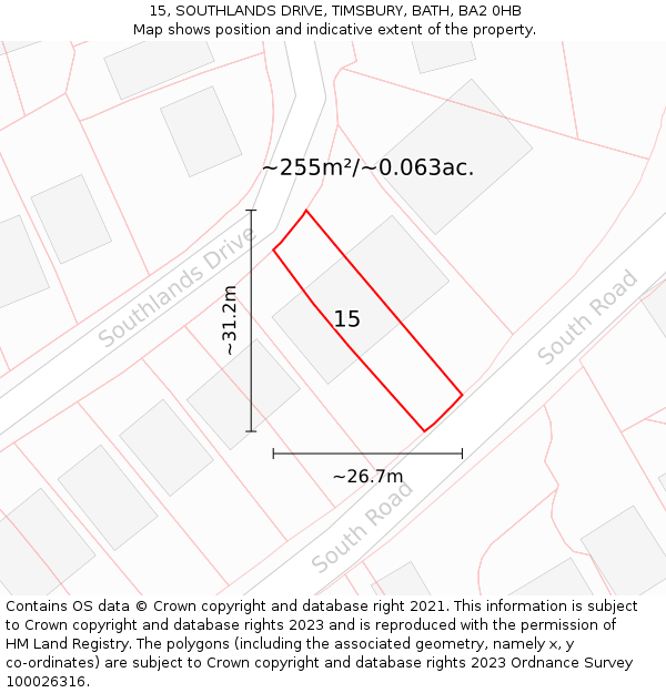 15, SOUTHLANDS DRIVE, TIMSBURY, BATH, BA2 0HB: Plot and title map