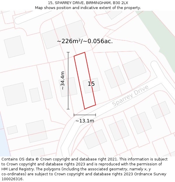 15, SPARREY DRIVE, BIRMINGHAM, B30 2LX: Plot and title map