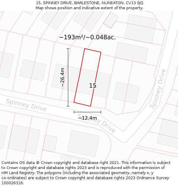 15, SPINNEY DRIVE, BARLESTONE, NUNEATON, CV13 0JQ: Plot and title map