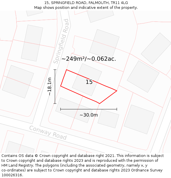 15, SPRINGFIELD ROAD, FALMOUTH, TR11 4LG: Plot and title map