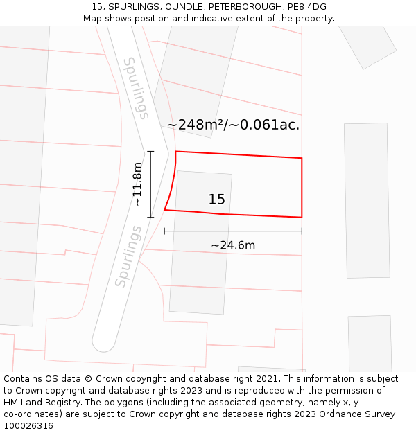 15, SPURLINGS, OUNDLE, PETERBOROUGH, PE8 4DG: Plot and title map