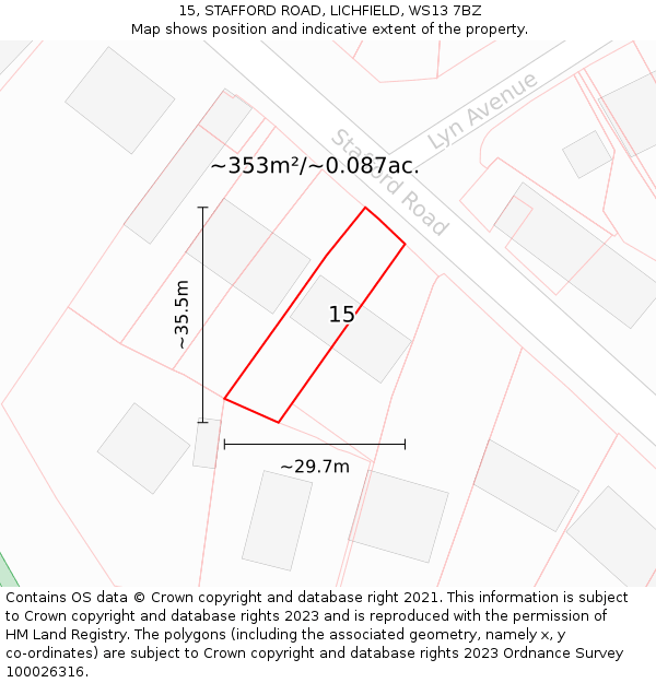 15, STAFFORD ROAD, LICHFIELD, WS13 7BZ: Plot and title map