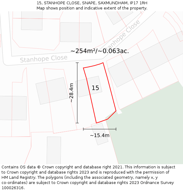 15, STANHOPE CLOSE, SNAPE, SAXMUNDHAM, IP17 1RH: Plot and title map