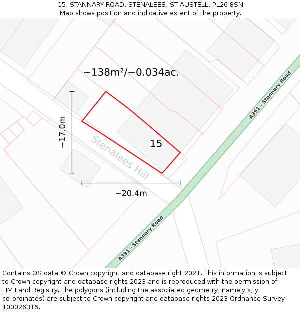 15, STANNARY ROAD, STENALEES, ST AUSTELL, PL26 8SN: Plot and title map