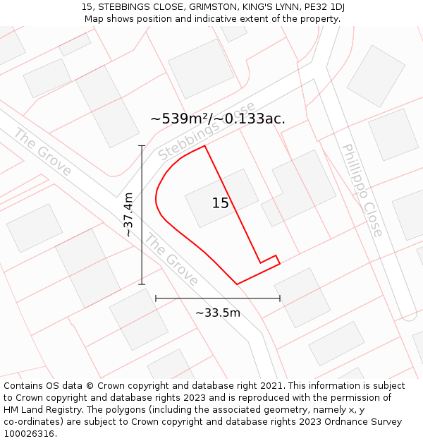 15, STEBBINGS CLOSE, GRIMSTON, KING'S LYNN, PE32 1DJ: Plot and title map