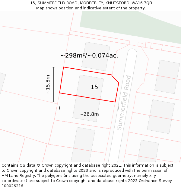 15, SUMMERFIELD ROAD, MOBBERLEY, KNUTSFORD, WA16 7QB: Plot and title map